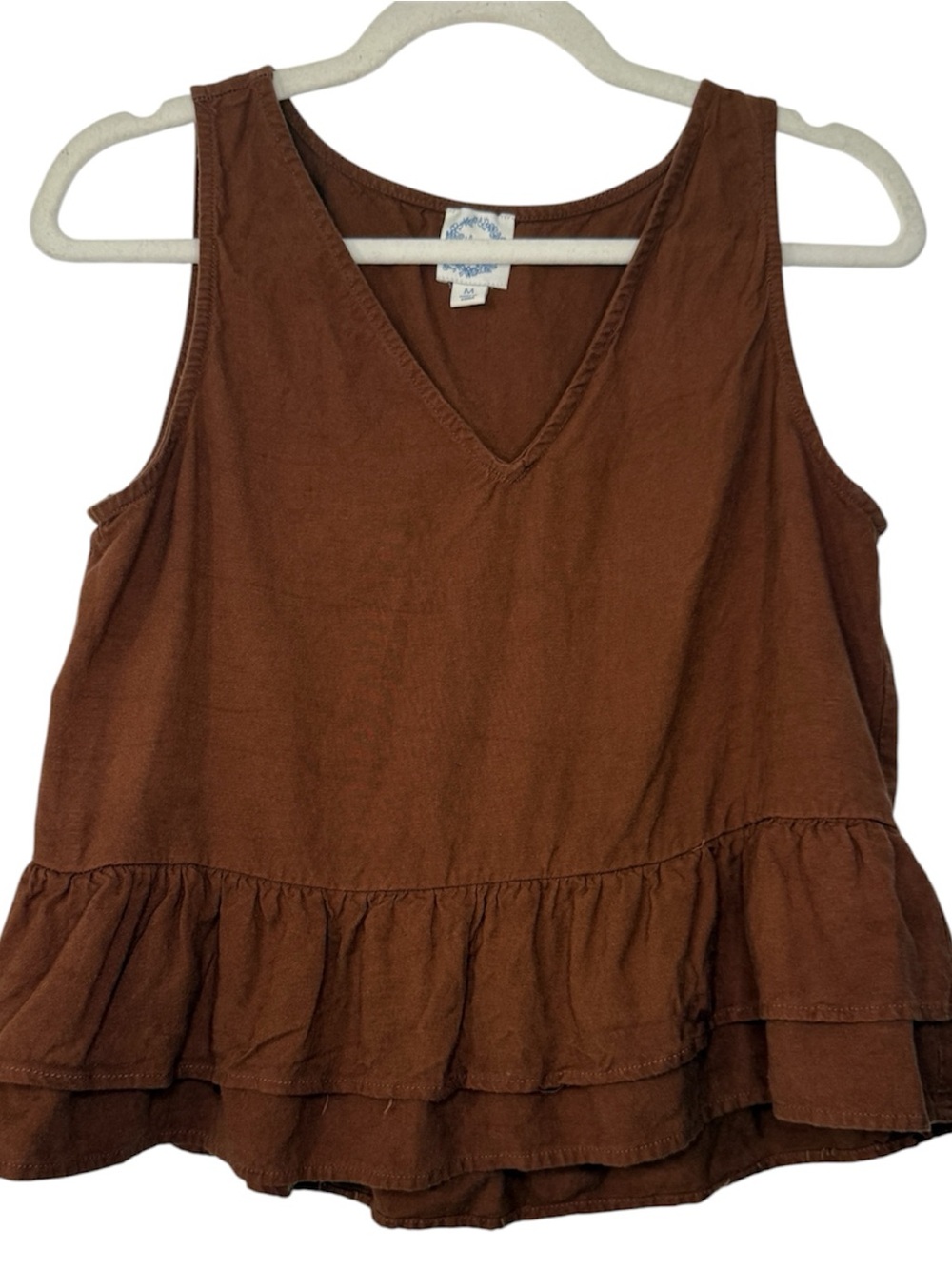 Blue Rain Brown Linen Blend Ruffle-Hem V-Neck Tank